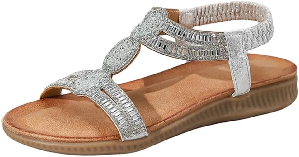 Women's Rhinestone Bohemian Sandals, Comfort Elastic Strap Design, Multiple Colors