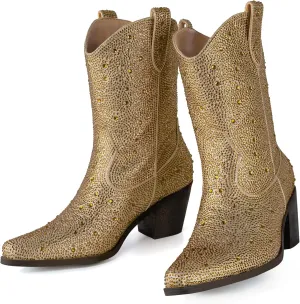 Women’s Rhinestone Cowboy Boots Pointed Toe Mid Calf Boots Sparkly Block Heel Cowgirl Boots with Pull On Tabs