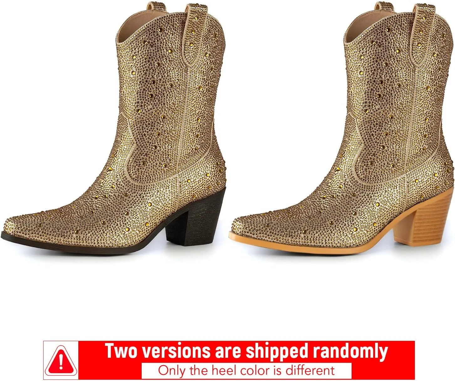 Women’s Rhinestone Cowboy Boots Pointed Toe Mid Calf Boots Sparkly Block Heel Cowgirl Boots with Pull On Tabs