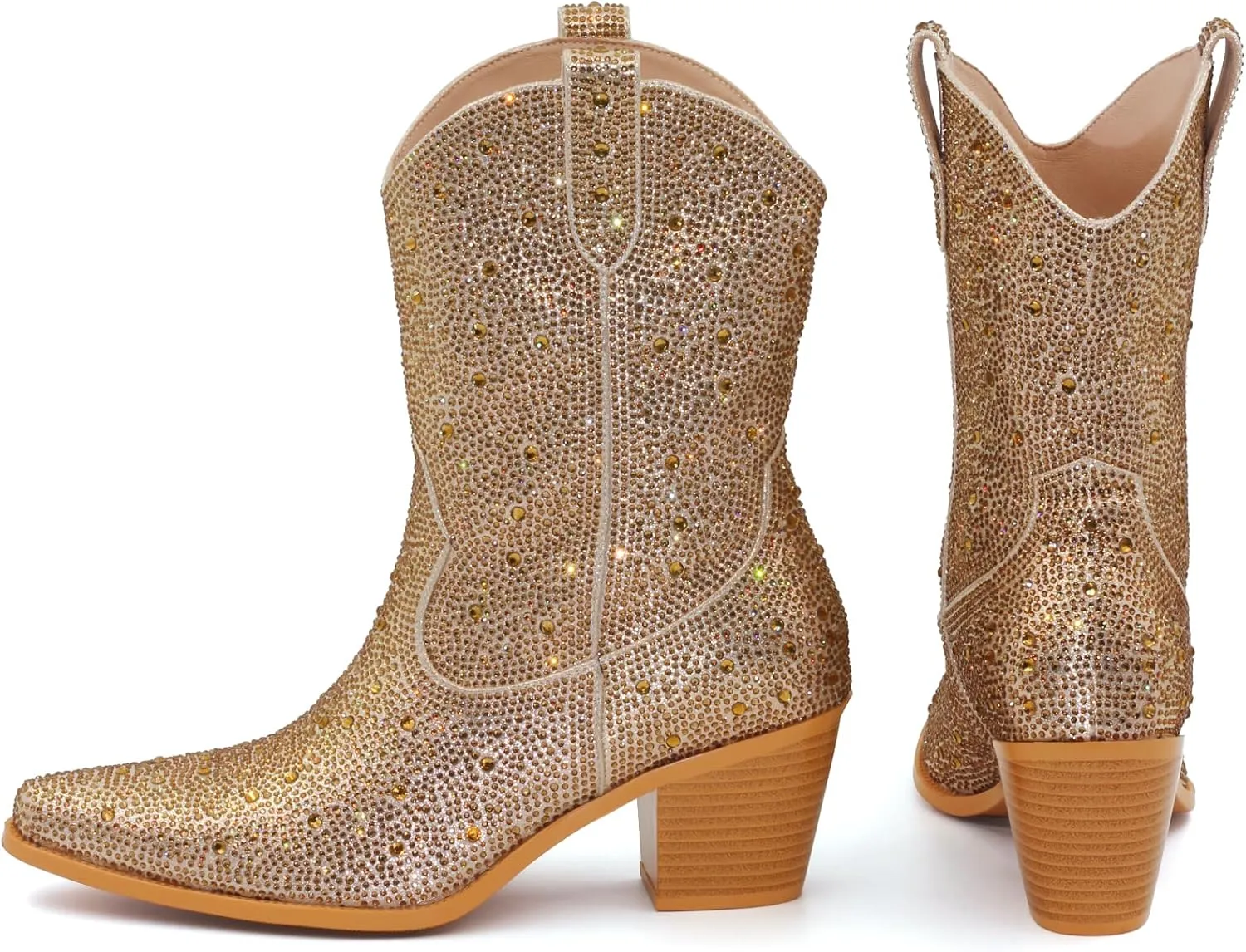 Women’s Rhinestone Cowboy Boots Pointed Toe Mid Calf Boots Sparkly Block Heel Cowgirl Boots with Pull On Tabs