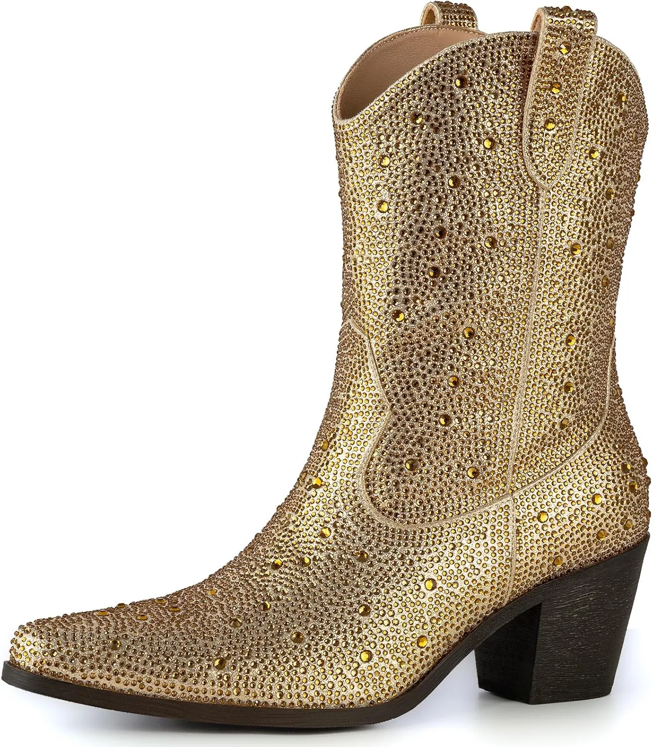 Women’s Rhinestone Cowboy Boots Pointed Toe Mid Calf Boots Sparkly Block Heel Cowgirl Boots with Pull On Tabs