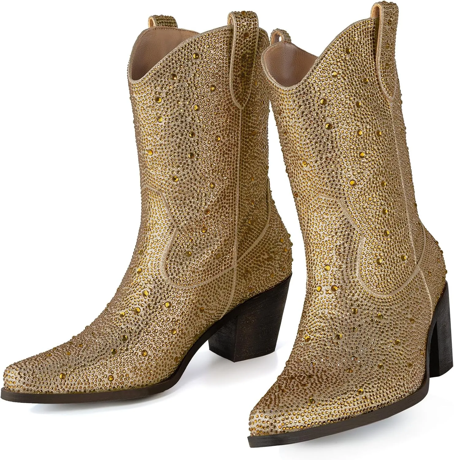 Women’s Rhinestone Cowboy Boots Pointed Toe Mid Calf Boots Sparkly Block Heel Cowgirl Boots with Pull On Tabs