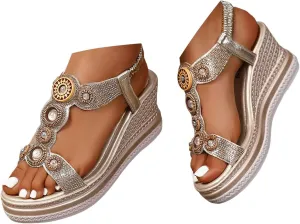 Women's Rhinestone High Heel Elastic Ankle Sandals Open Toe Espadrilles Platform Slides Dressy High Heel Beach Summer Sandals Summer Fashionable Comfortable Orthopedic Slip On Sandal