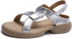 Womens Round Open Toe Platform Sandals Leather Knot Design Slip On Chunky Sole Roman Sandals Comfortable Low Wedge Roman Shoes