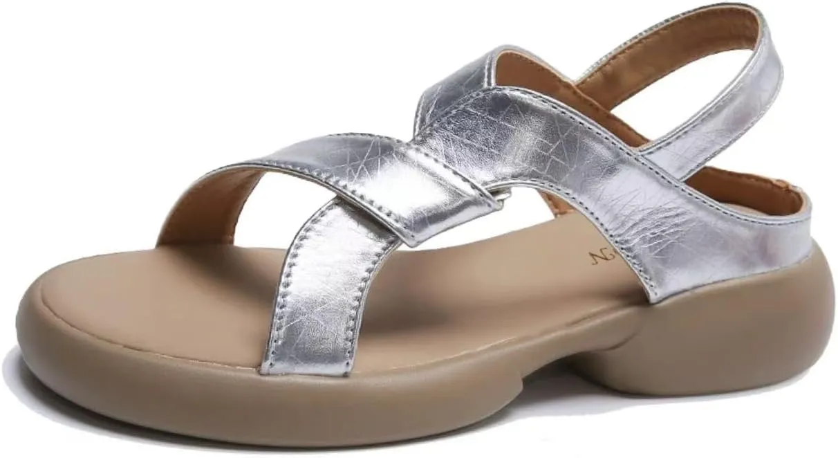 Womens Round Open Toe Platform Sandals Leather Knot Design Slip On Chunky Sole Roman Sandals Comfortable Low Wedge Roman Shoes