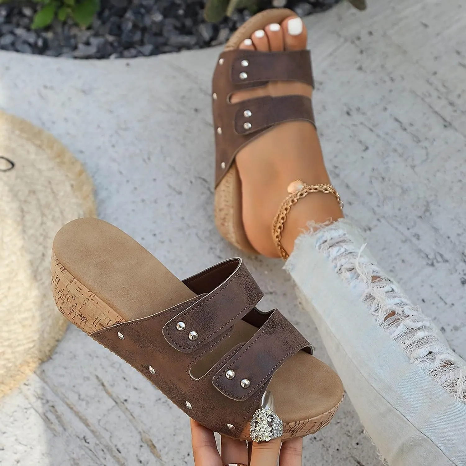 Womens Sandals 2025 Cork Platform Slip On Wedge Light Weight Soft Insole Sandals Classic Wedge Sandal