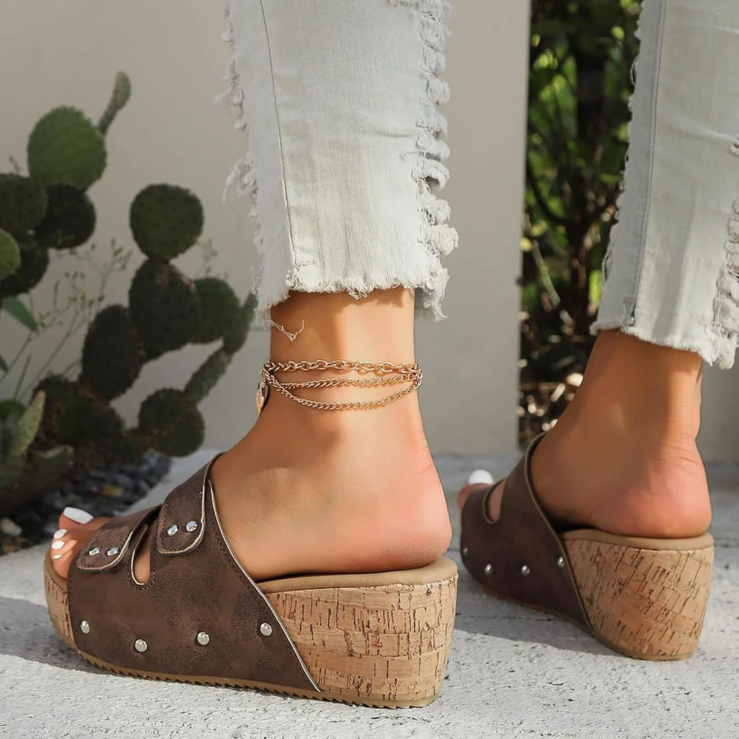 Womens Sandals 2025 Cork Platform Slip On Wedge Light Weight Soft Insole Sandals Classic Wedge Sandal