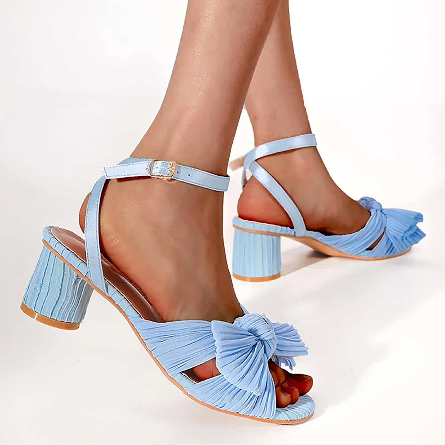 Womens Sandals Bow Decoration Soft Satin Chunky Heels Ankle Strap Wedge Sandals Summer Wedding Party Sandals Women