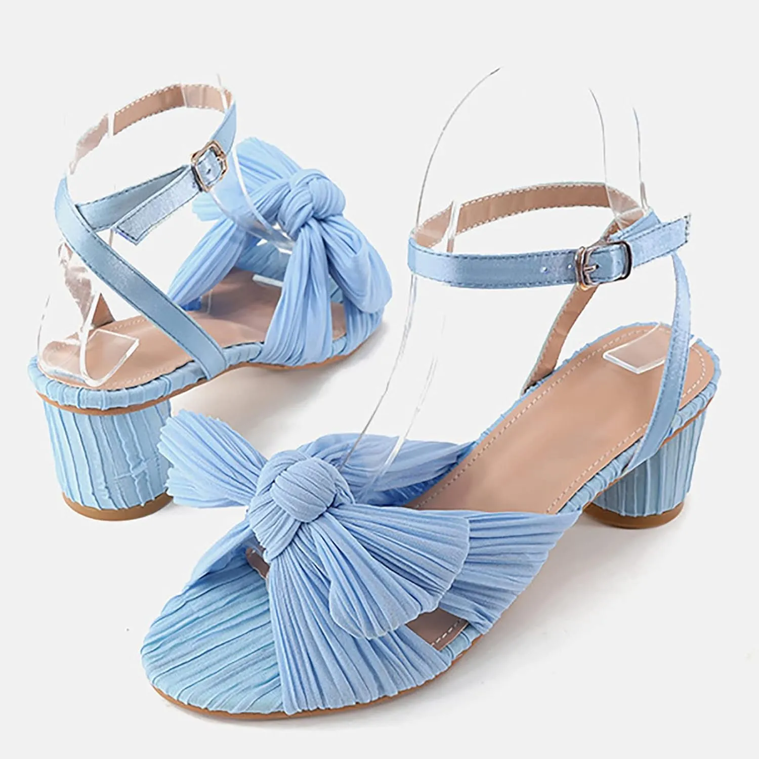 Womens Sandals Bow Decoration Soft Satin Chunky Heels Ankle Strap Wedge Sandals Summer Wedding Party Sandals Women