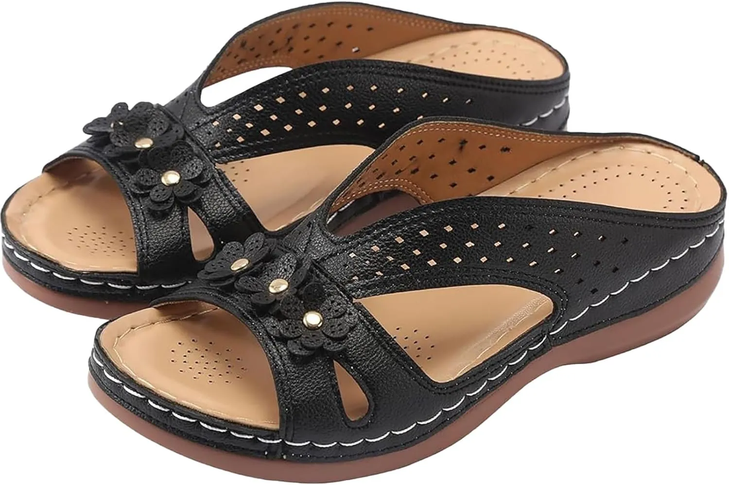 Womens Sandals Dressy Summer Comfortable Slides with Flowers Casual Non Slip Platform Lightweight Wedge Shoes