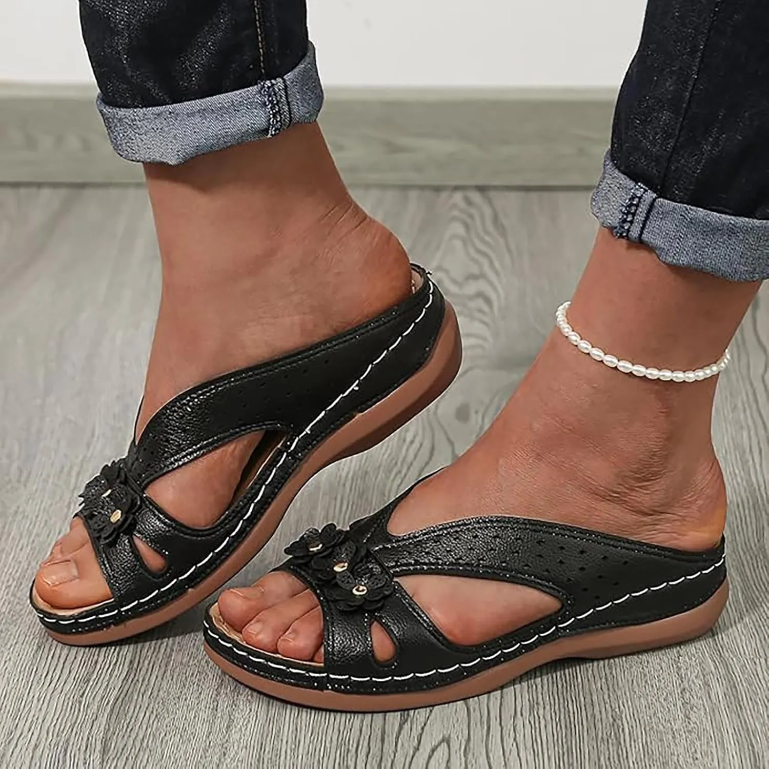 Womens Sandals Dressy Summer Comfortable Slides with Flowers Casual Non Slip Platform Lightweight Wedge Shoes