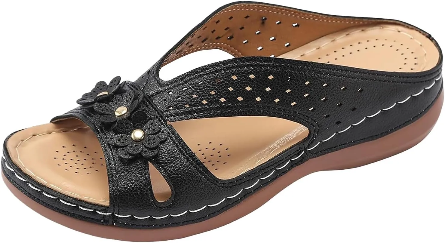 Womens Sandals Dressy Summer Comfortable Slides with Flowers Casual Non Slip Platform Lightweight Wedge Shoes