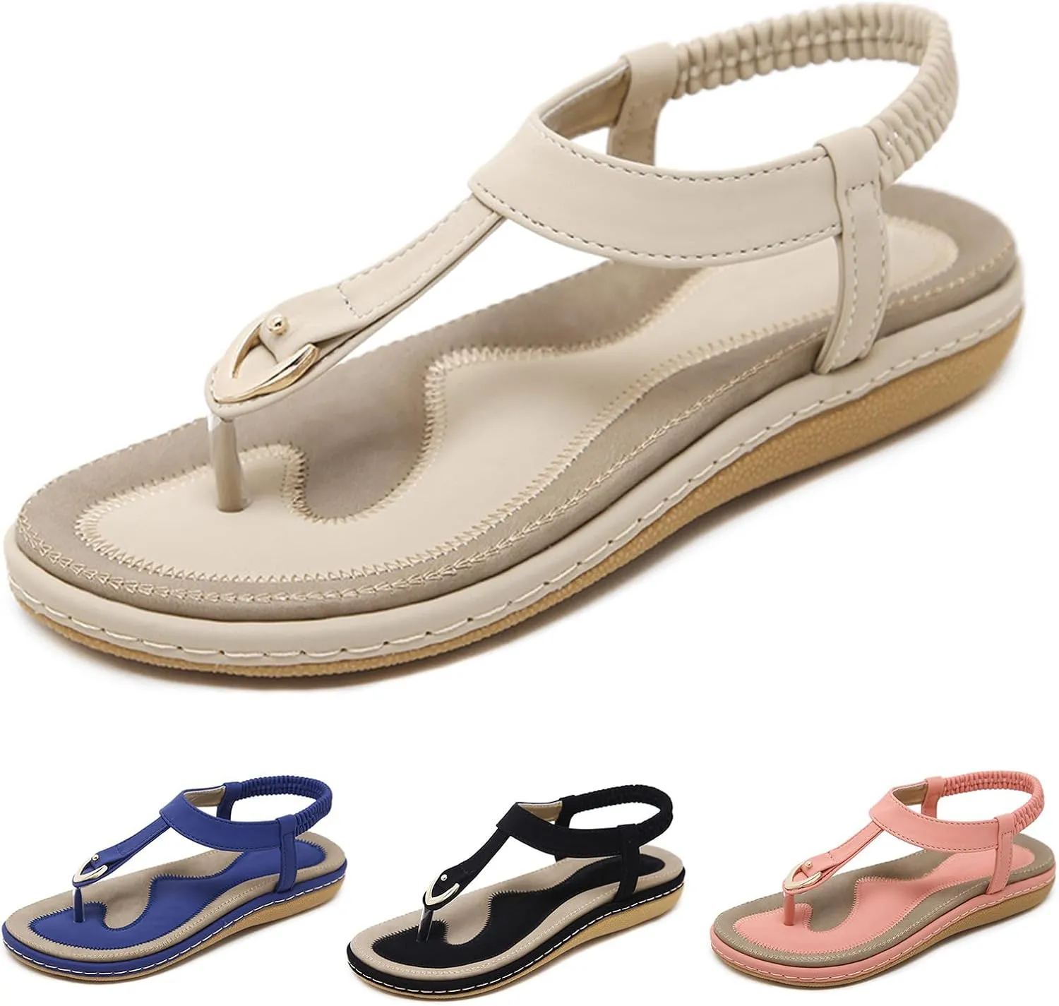 Womens Sandals Summer Dressy Elastic Ankle Strap Flat Flip Flop Thong Sandals Comfortable Bohemian Walking Shoes