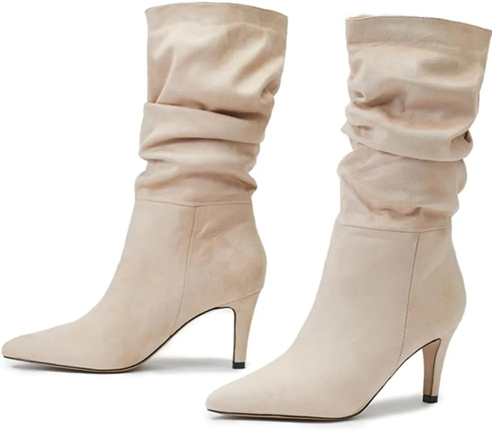 Women's Slouch Mid Calf Boots Stiletto Heel Mid High Suede Boots