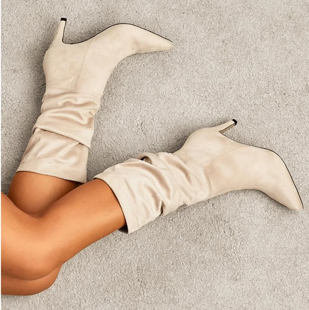Women's Slouch Mid Calf Boots Stiletto Heel Mid High Suede Boots