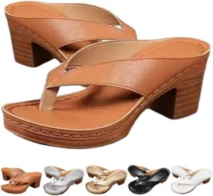 Women's Solid Color Summer Chunky Heel Sandals, Slip on Open Toe Square Toe Comfortable Heeled Sandals, Casual Beach Flip Flops Sandals
