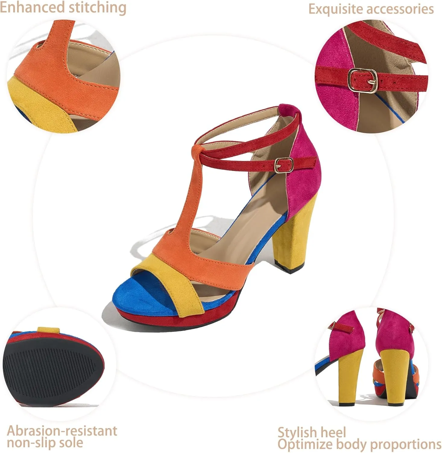 Women's Strappy Block Heels Sandals Comfortable Open Toe Chunky Dress Wedding Shoes with Adjustable Ankle Strap