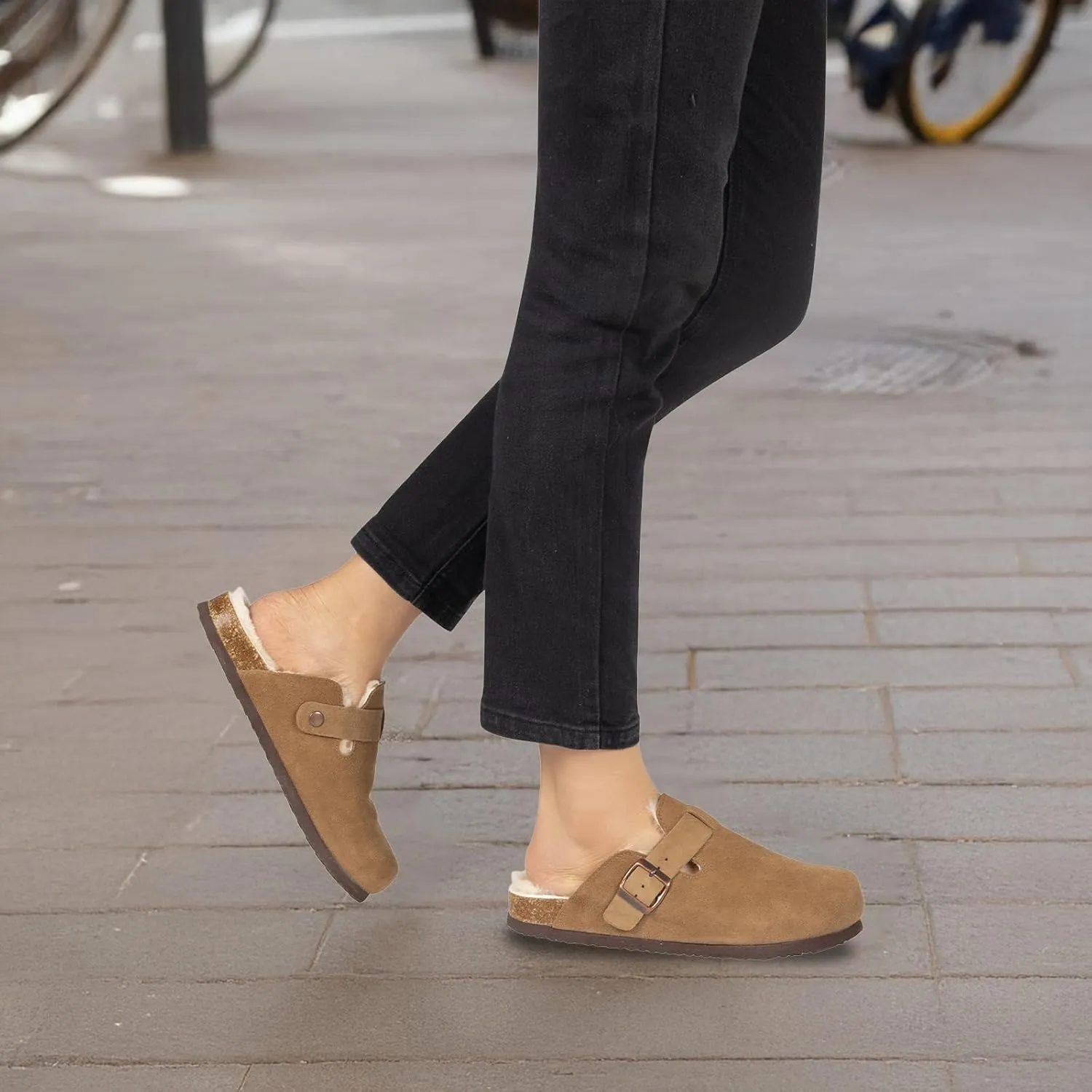 Women's Suede Clogs Slip-On Buckle Slides Leather Mules Cork Footbed Sandals Potato Shoes with Arch Support