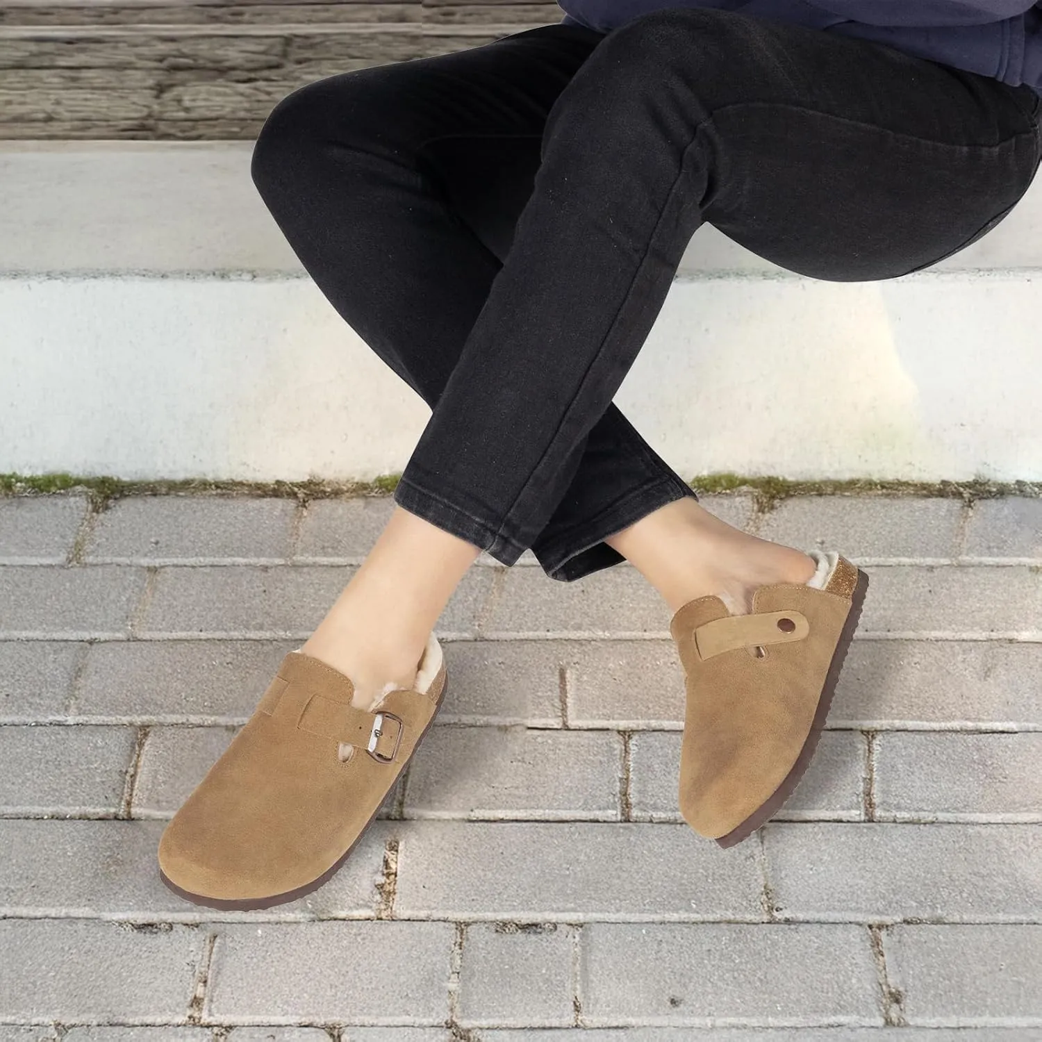 Women's Suede Clogs Slip-On Buckle Slides Leather Mules Cork Footbed Sandals Potato Shoes with Arch Support