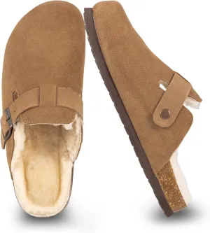 Women's Suede Clogs Slip-On Buckle Slides Leather Mules Cork Footbed Sandals Potato Shoes with Arch Support