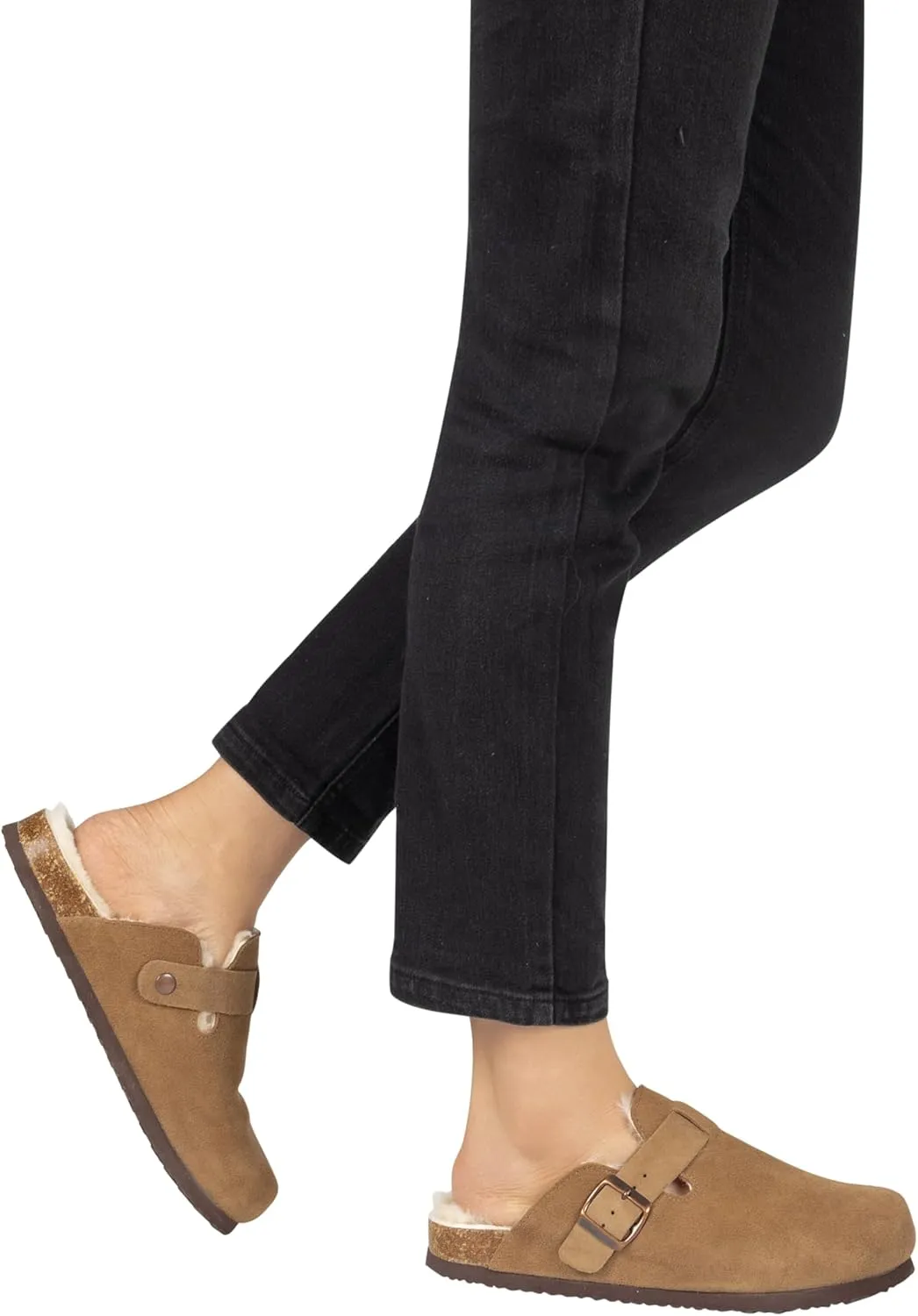Women's Suede Clogs Slip-On Buckle Slides Leather Mules Cork Footbed Sandals Potato Shoes with Arch Support