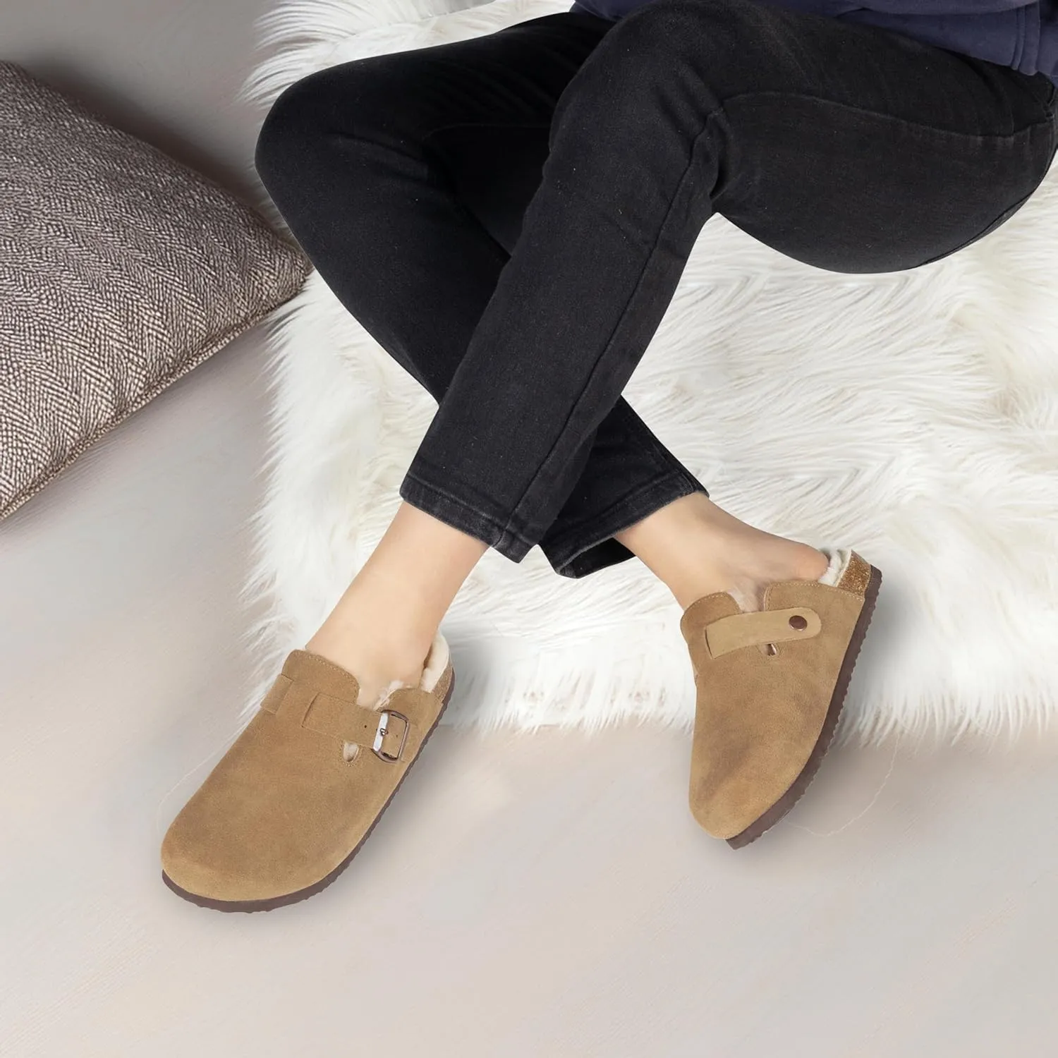 Women's Suede Clogs Slip-On Buckle Slides Leather Mules Cork Footbed Sandals Potato Shoes with Arch Support