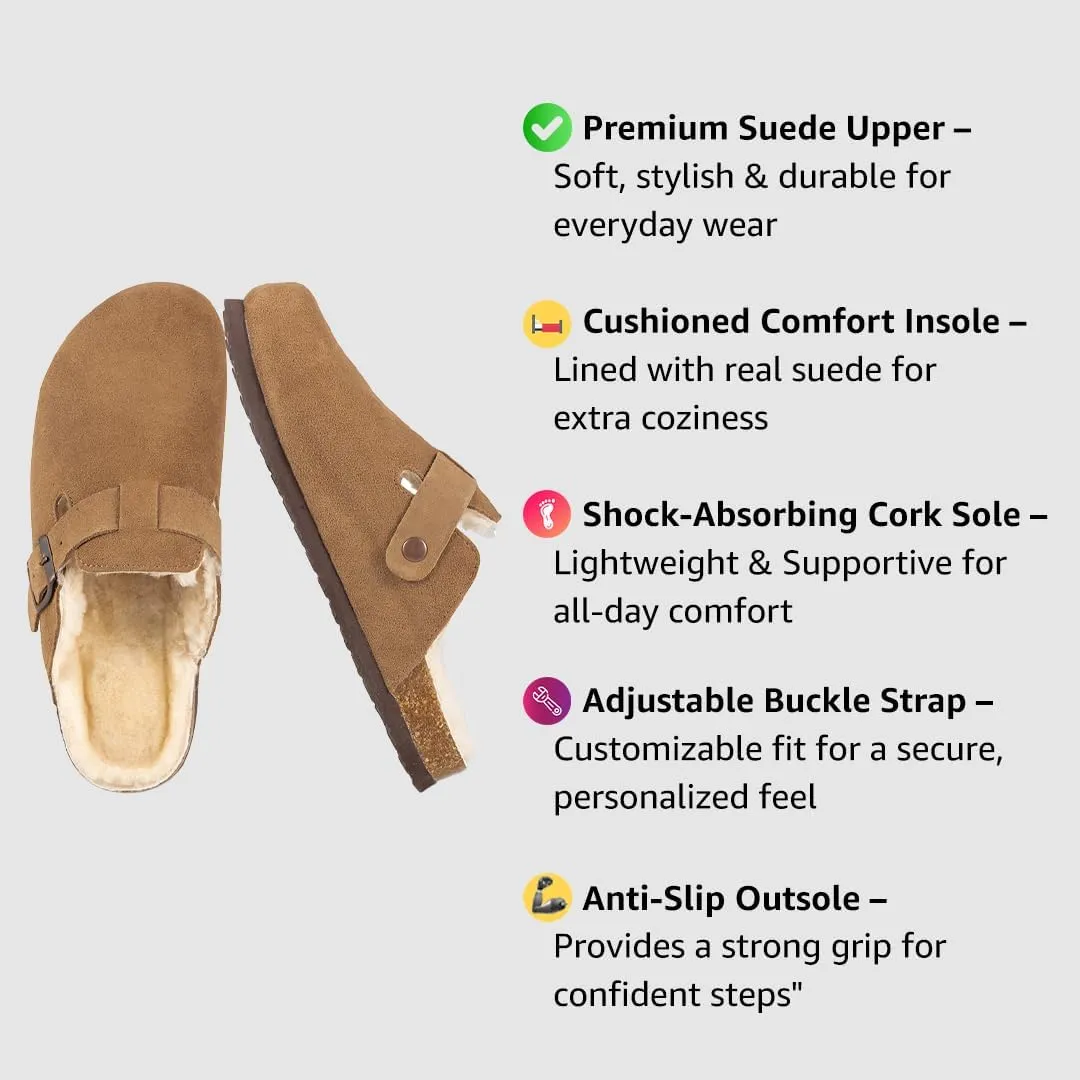 Women's Suede Clogs Slip-On Buckle Slides Leather Mules Cork Footbed Sandals Potato Shoes with Arch Support