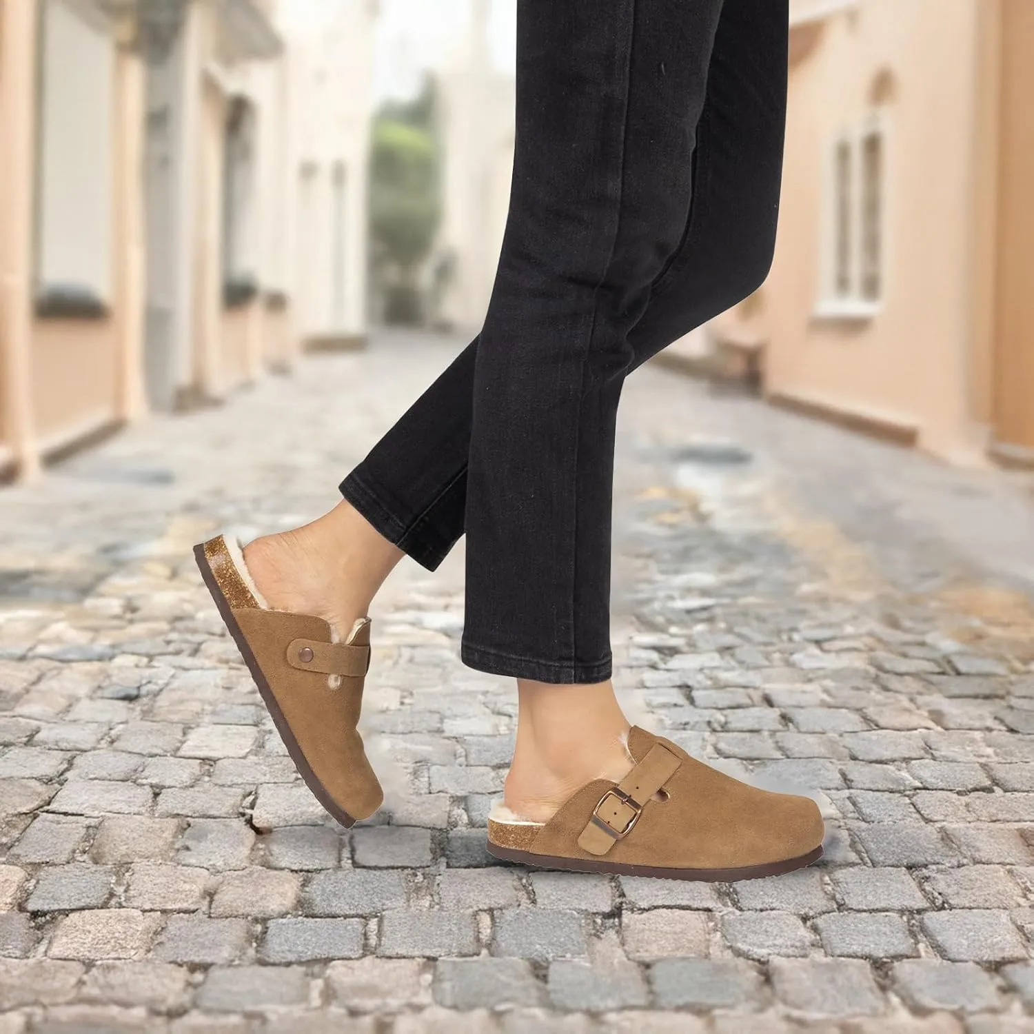 Women's Suede Clogs Slip-On Buckle Slides Leather Mules Cork Footbed Sandals Potato Shoes with Arch Support