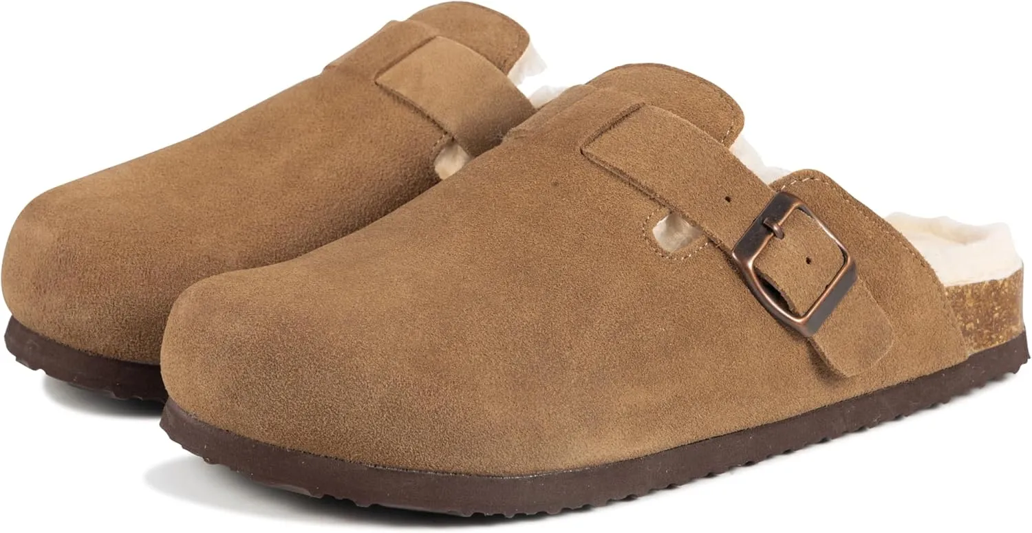 Women's Suede Clogs Slip-On Buckle Slides Leather Mules Cork Footbed Sandals Potato Shoes with Arch Support