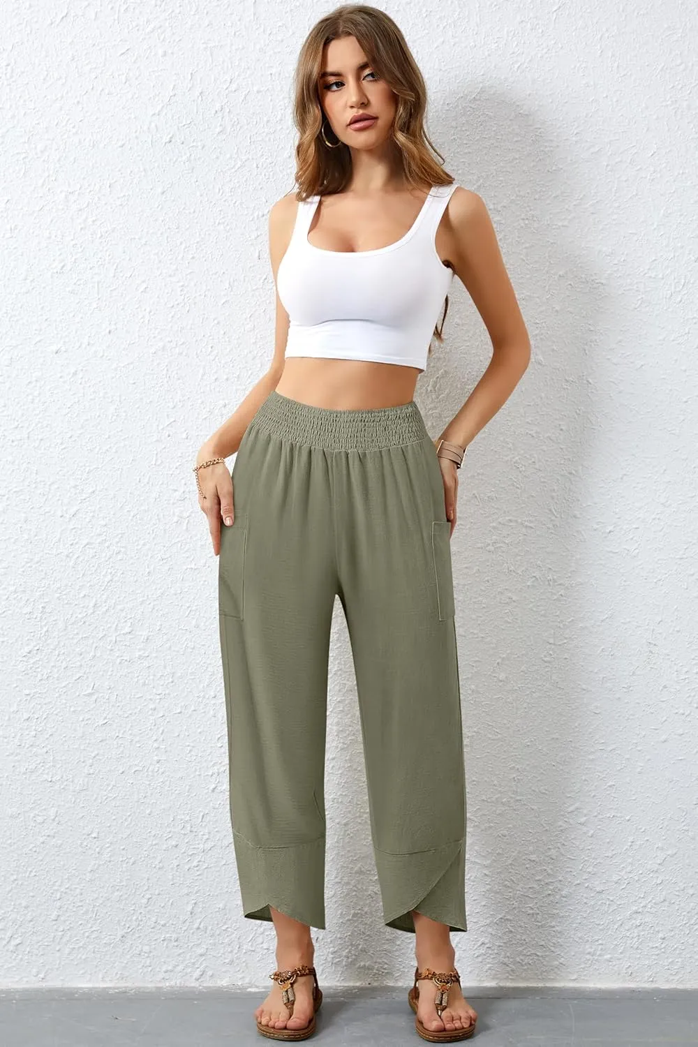 Women's Summer High Waisted Baggy Pants Wide Leg Linen Pants Casual Ankle Length Trouser Slacks with Pockets