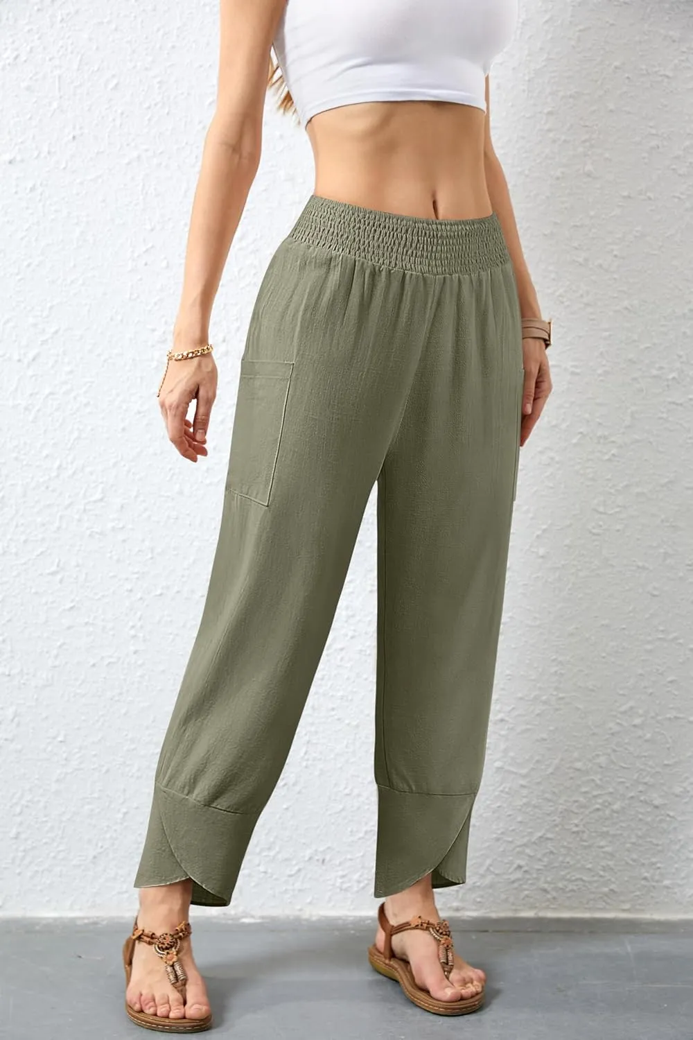 Women's Summer High Waisted Baggy Pants Wide Leg Linen Pants Casual Ankle Length Trouser Slacks with Pockets