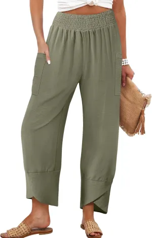 Women's Summer High Waisted Baggy Pants Wide Leg Linen Pants Casual Ankle Length Trouser Slacks with Pockets