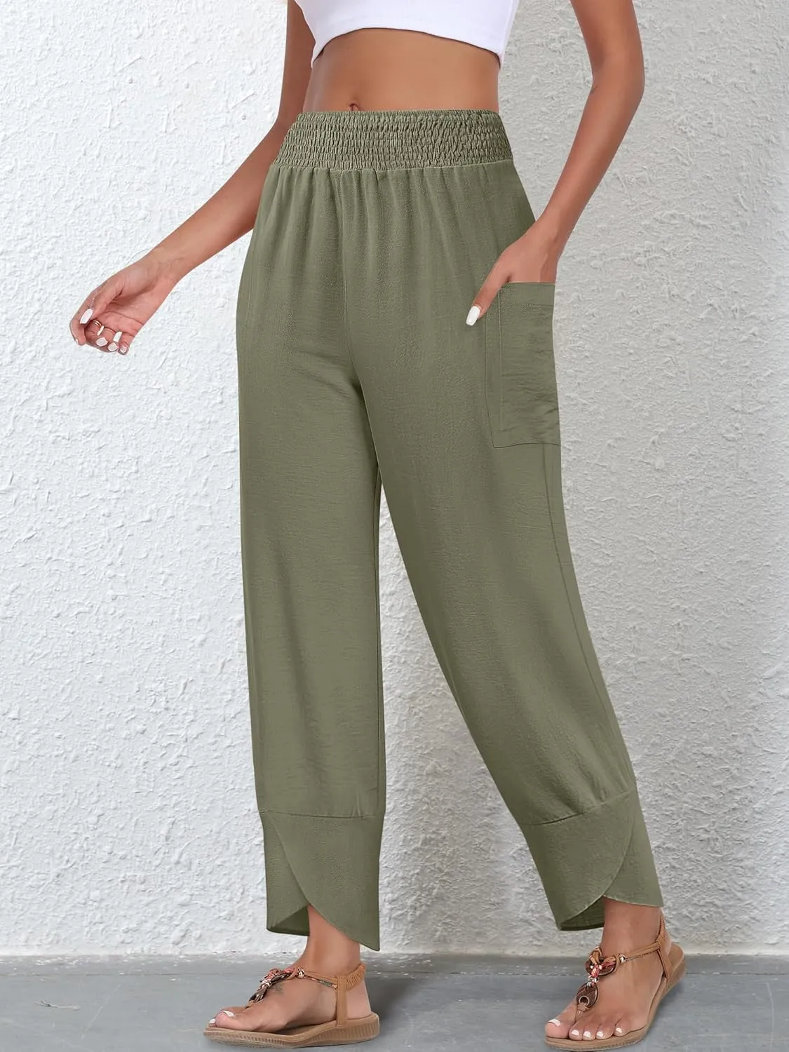Women's Summer High Waisted Baggy Pants Wide Leg Linen Pants Casual Ankle Length Trouser Slacks with Pockets