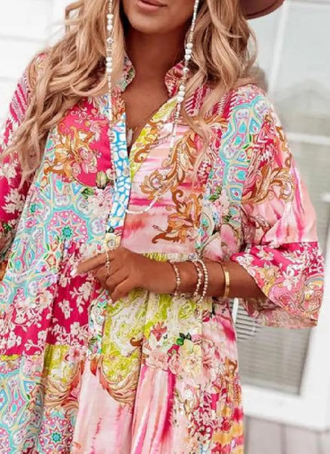 Women's Summer Mini Dresses Casual V Neck Button Down 3/4 Ruffle Sleeve Artistic Print Loose Boho Trendy Dresses 2025