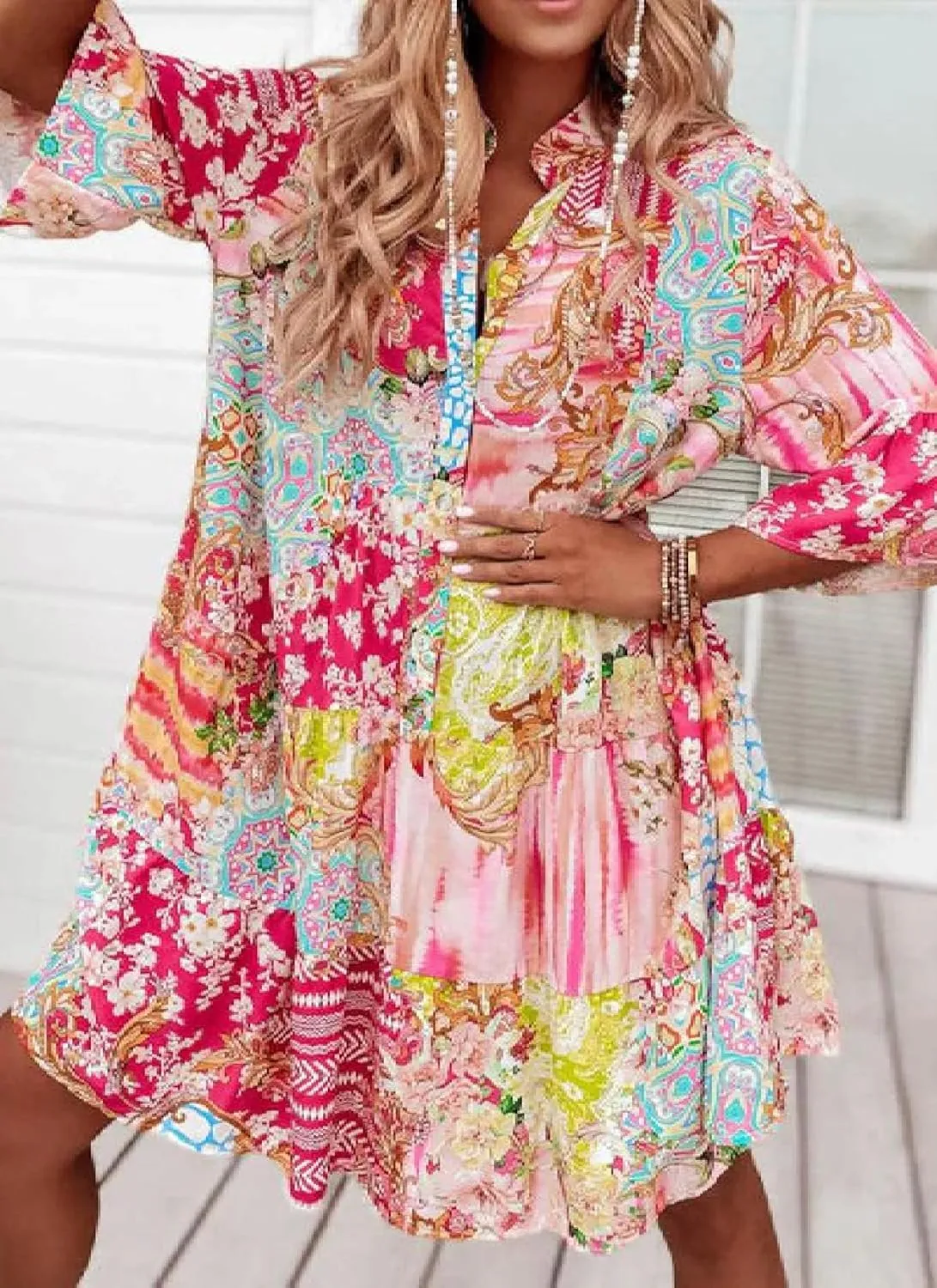 Women's Summer Mini Dresses Casual V Neck Button Down 3/4 Ruffle Sleeve Artistic Print Loose Boho Trendy Dresses 2025