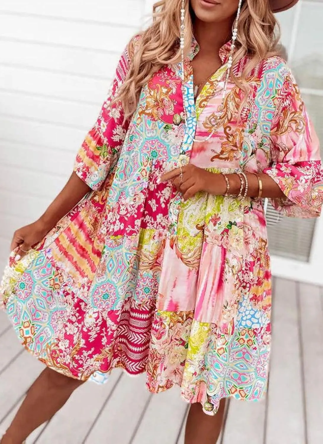 Women's Summer Mini Dresses Casual V Neck Button Down 3/4 Ruffle Sleeve Artistic Print Loose Boho Trendy Dresses 2025
