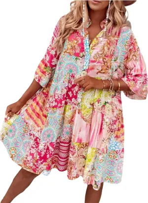 Women's Summer Mini Dresses Casual V Neck Button Down 3/4 Ruffle Sleeve Artistic Print Loose Boho Trendy Dresses 2025