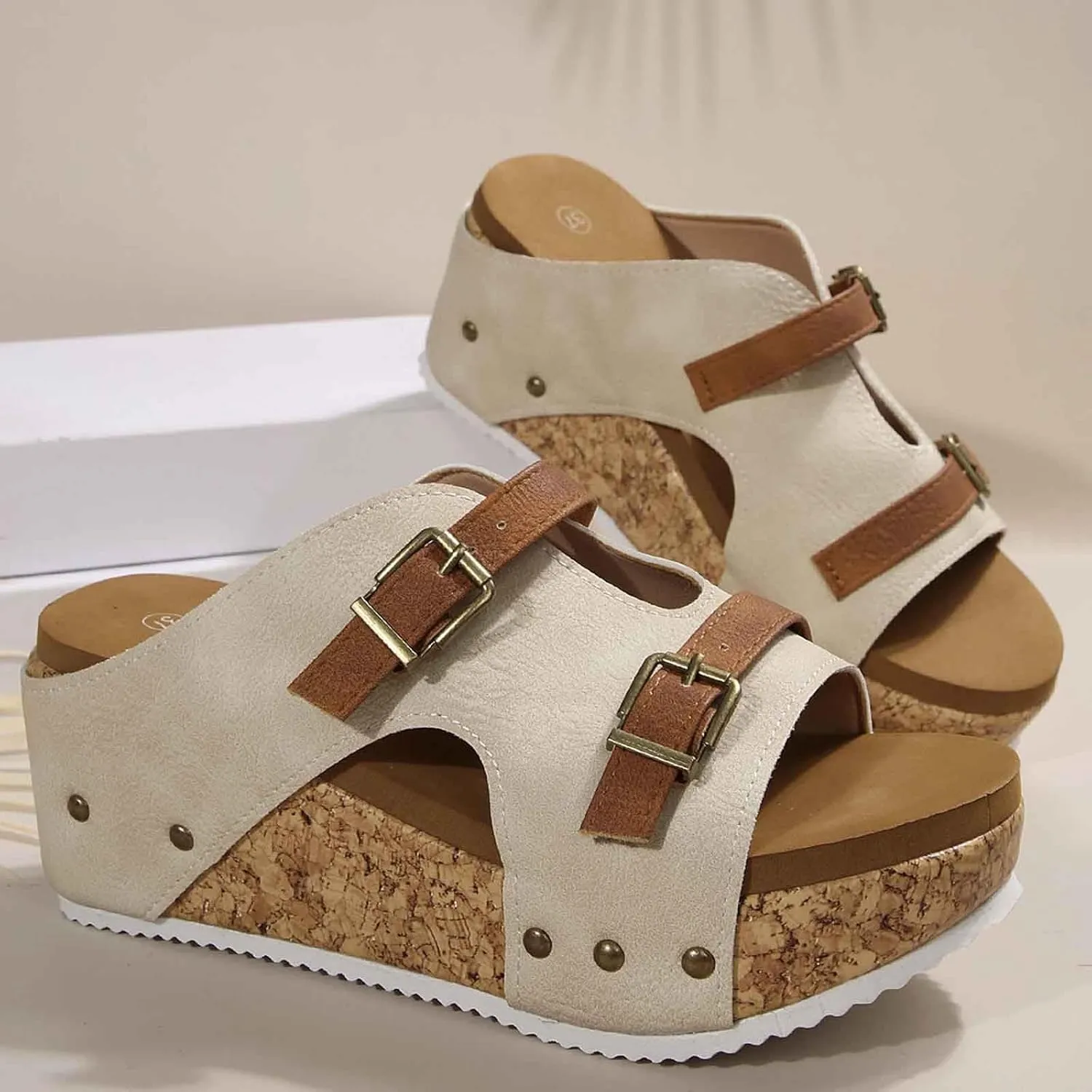 Women's Summer Platform Sandals Slip On Comfortable Wedge Slippers with Buckle Strap Casual Outdoor Beach