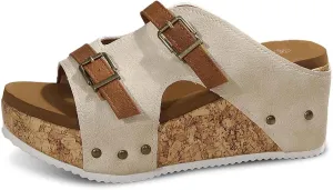 Women's Summer Platform Sandals Slip On Comfortable Wedge Slippers with Buckle Strap Casual Outdoor Beach