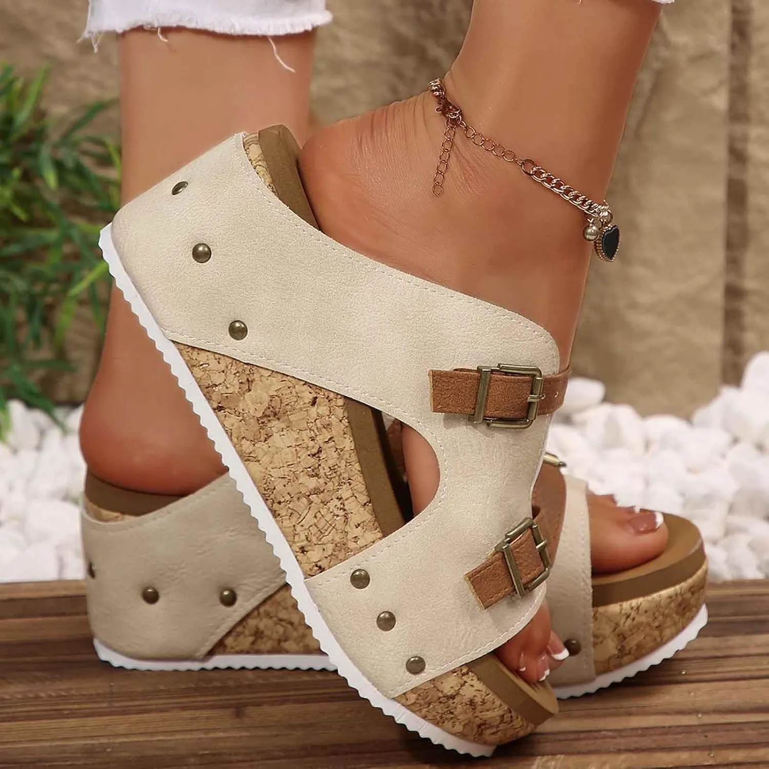 Women's Summer Platform Sandals Slip On Comfortable Wedge Slippers with Buckle Strap Casual Outdoor Beach