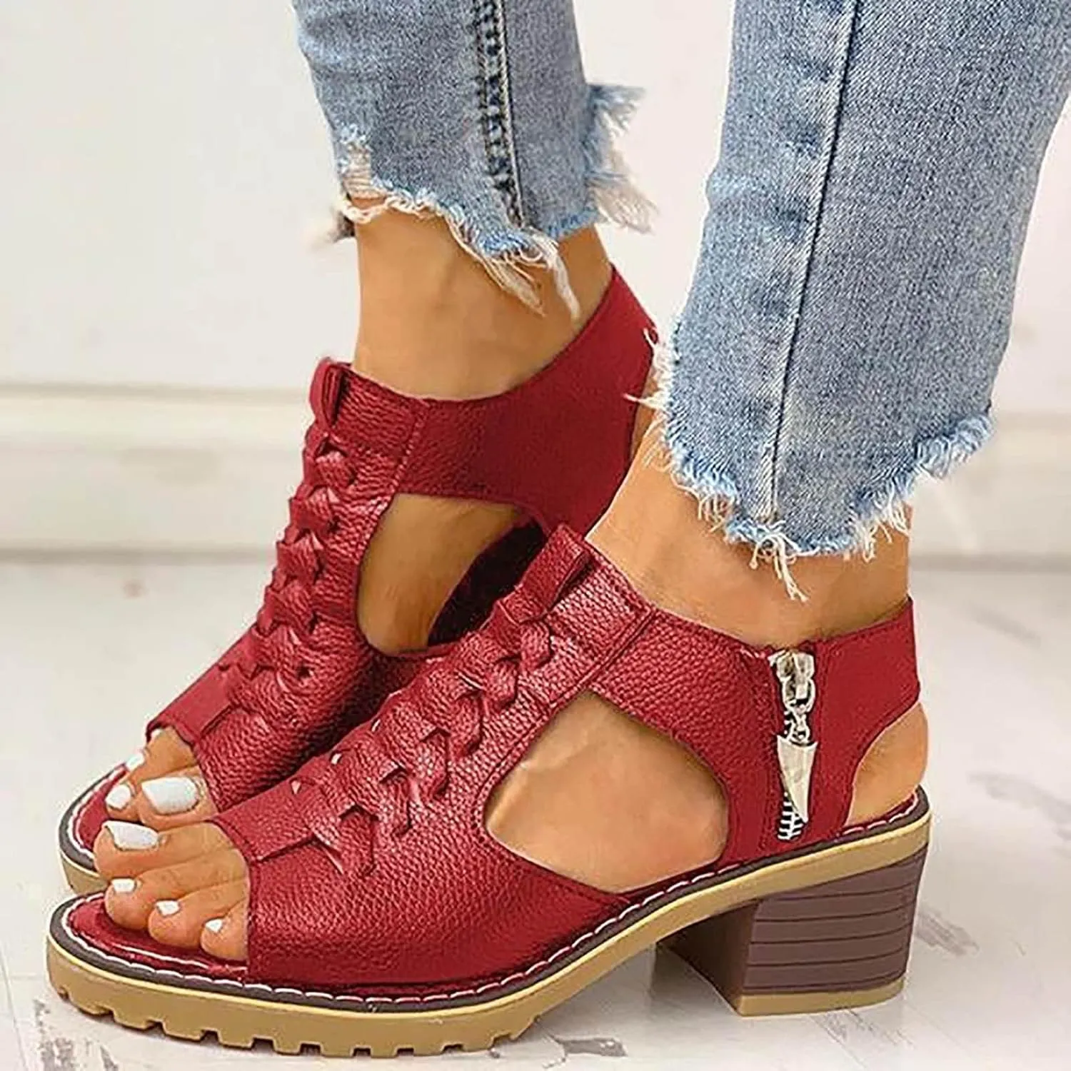 Women's Summer Sandals 2025 Fashion Open Toe Heeled Sandals Plantar Fasciitis Feet Sandal Side Zipper Hollow Out Breathable Slippers Comfortable Beach Vacation Shoes