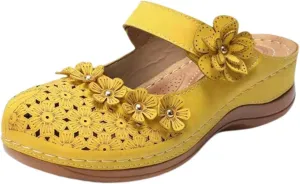 Womens Summer Slipper Comfort Mules Outdoor Beach Shoes Vintage Antil Slip Wedge Flowers Sandals Clogs Sandals: Comfortable with Arch Support Flats Closed Toe Wide Width Mesh Slippers