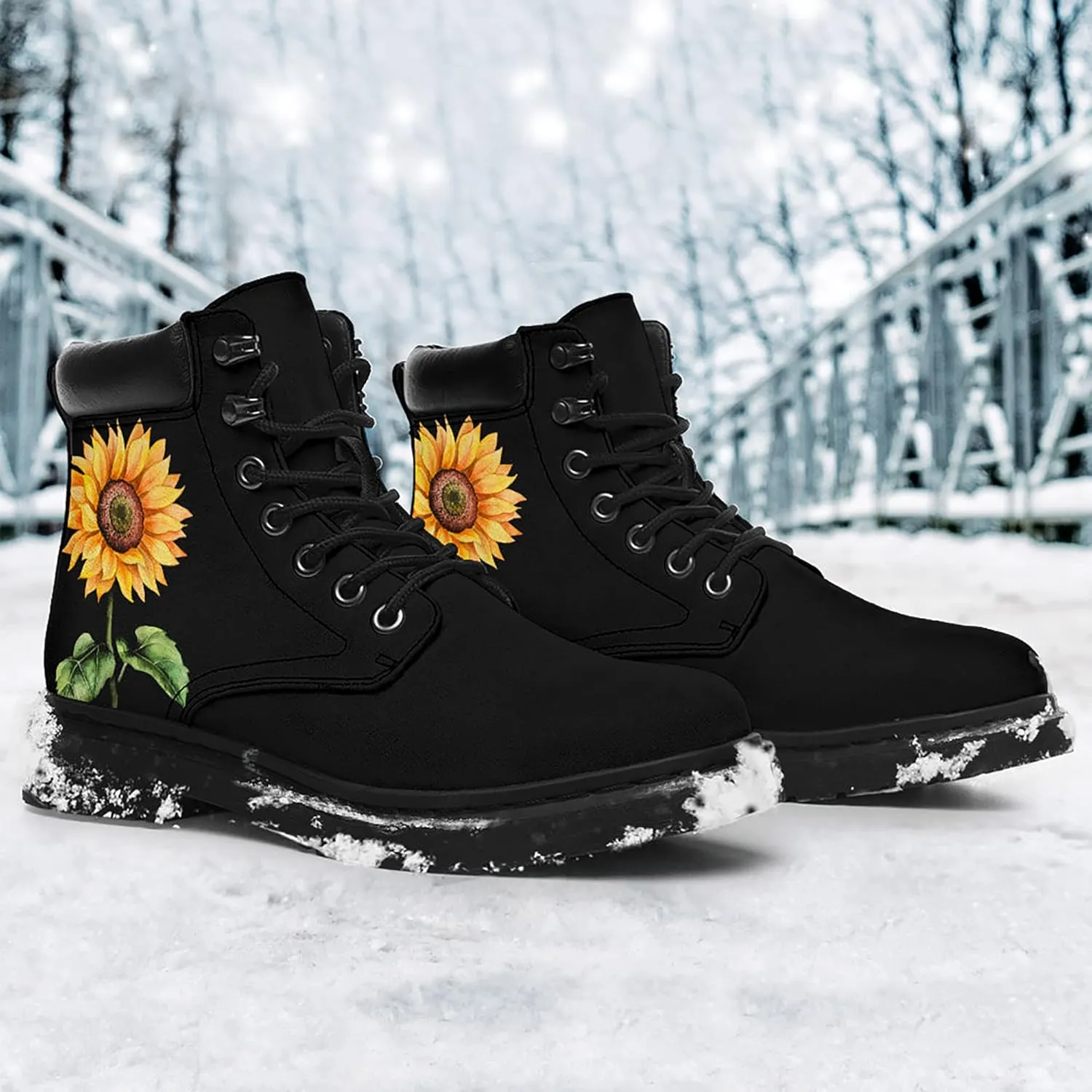 Women's Sunflower Boots,Custom Flower Boots with Name, Vegan Leather Lace Up Ankle Boots Anti-Slip Boots,Personalized Flower Gift for Mom/Daugher/Wife