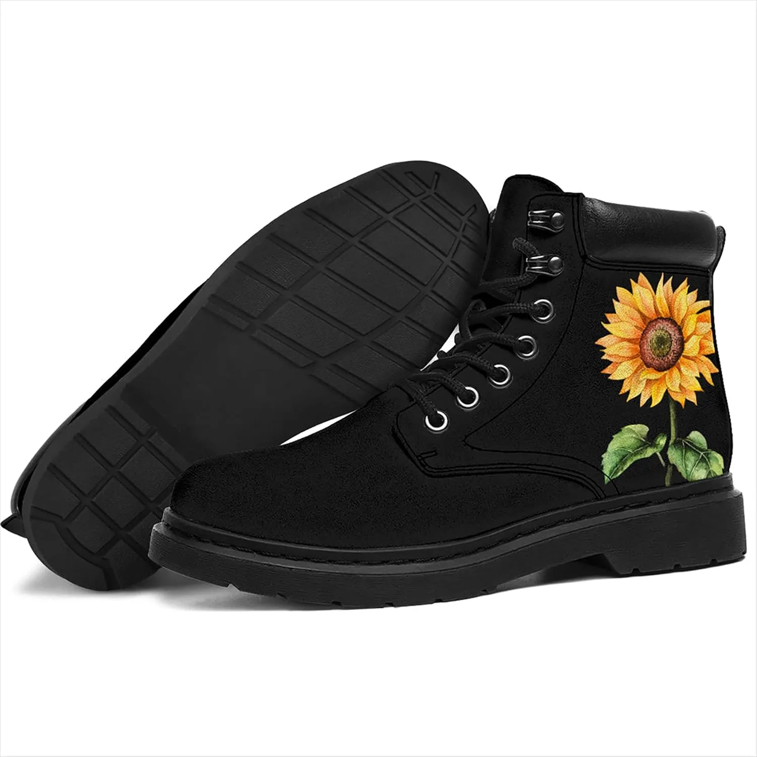 Women's Sunflower Boots,Custom Flower Boots with Name, Vegan Leather Lace Up Ankle Boots Anti-Slip Boots,Personalized Flower Gift for Mom/Daugher/Wife