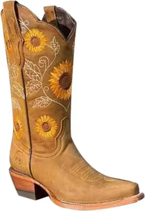Women's Sunflower Embroidery Stitched Square Toe Low Heel Mid-Calf Cowgirl Western Boots Khaki Brown Coffee US 5-10.5