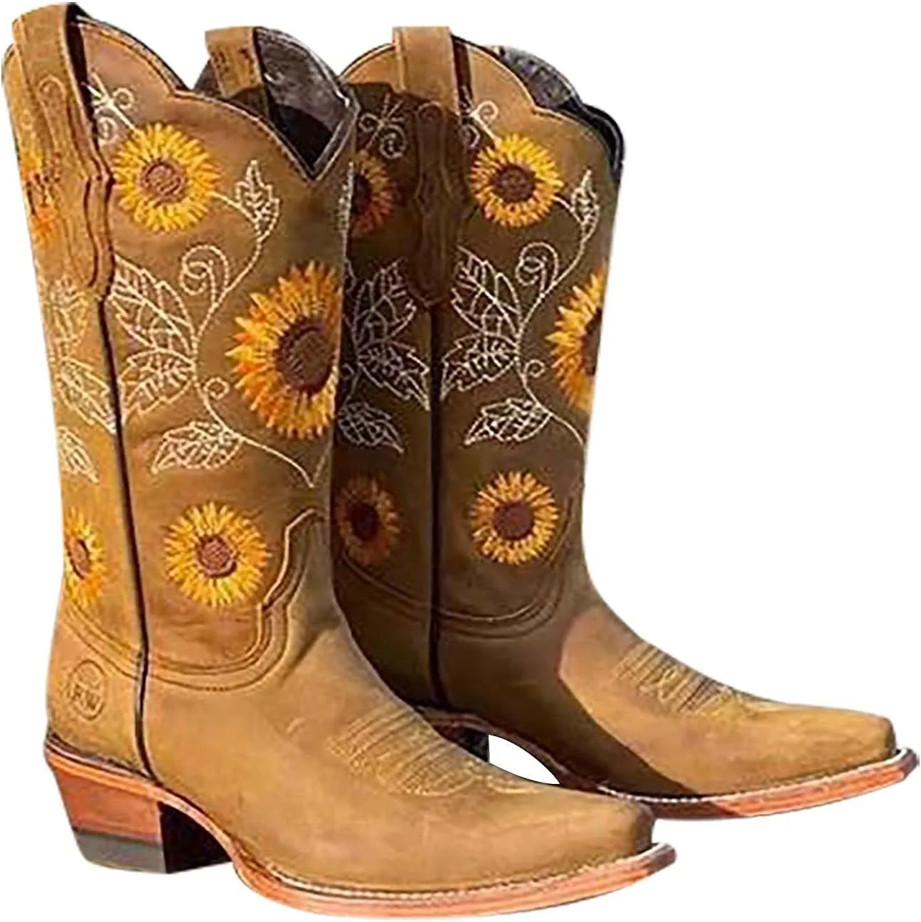 Women's Sunflower Embroidery Stitched Square Toe Low Heel Mid-Calf Cowgirl Western Boots Khaki Brown Coffee US 5-10.5