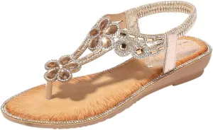 Womens Thong Sandals Wedge Heel Bohemian Jeweled Elastic T Strap Sandal Comfortable Casual Slingback Shoes