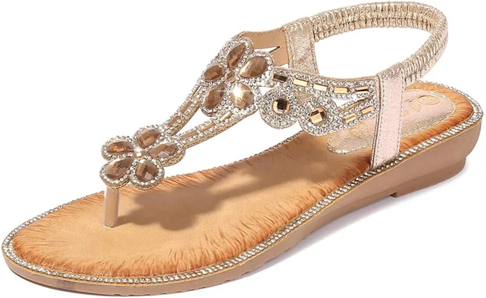 Womens Thong Sandals Wedge Heel Bohemian Jeweled Elastic T Strap Sandal Comfortable Casual Slingback Shoes