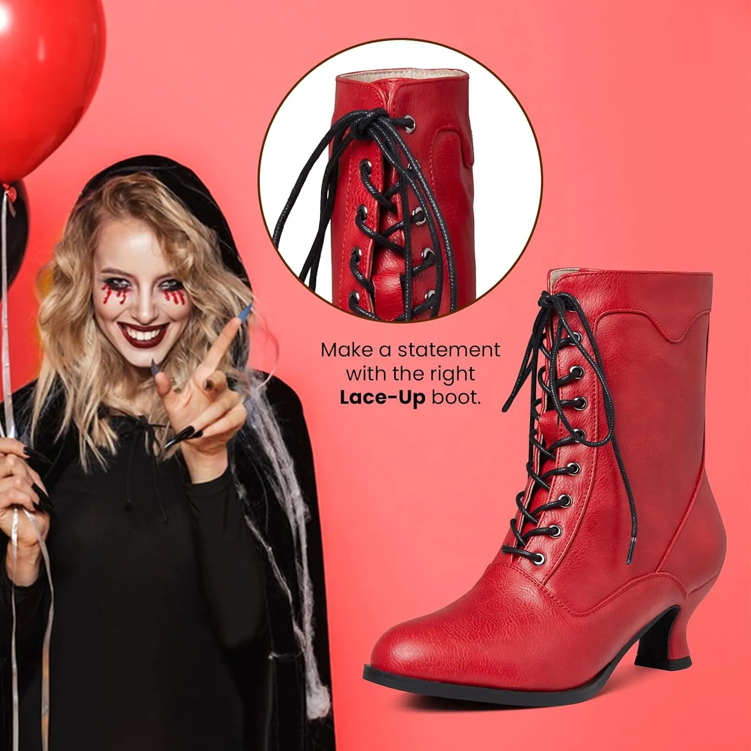 Women's Victorian Ankle Boots - Mid Calf, Round Toe, Black Boots with Chunky Heel & Lace Up Detail