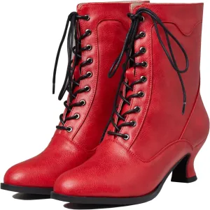 Women's Victorian Ankle Boots - Mid Calf, Round Toe, Black Boots with Chunky Heel & Lace Up Detail
